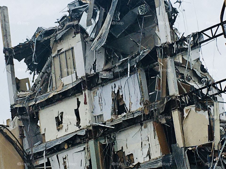 Purple flowers and a demolished building 