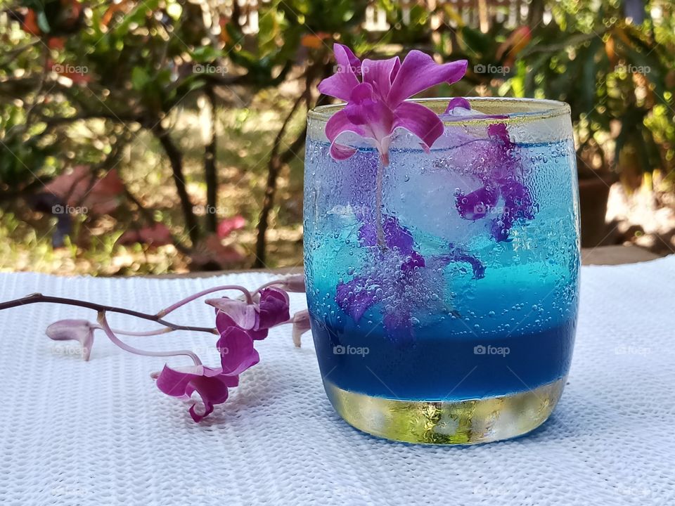 orchid ice cube in blue drink