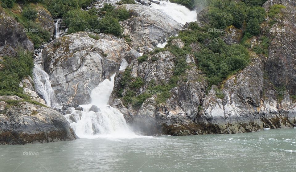 Waterfall along Alaskan coastline