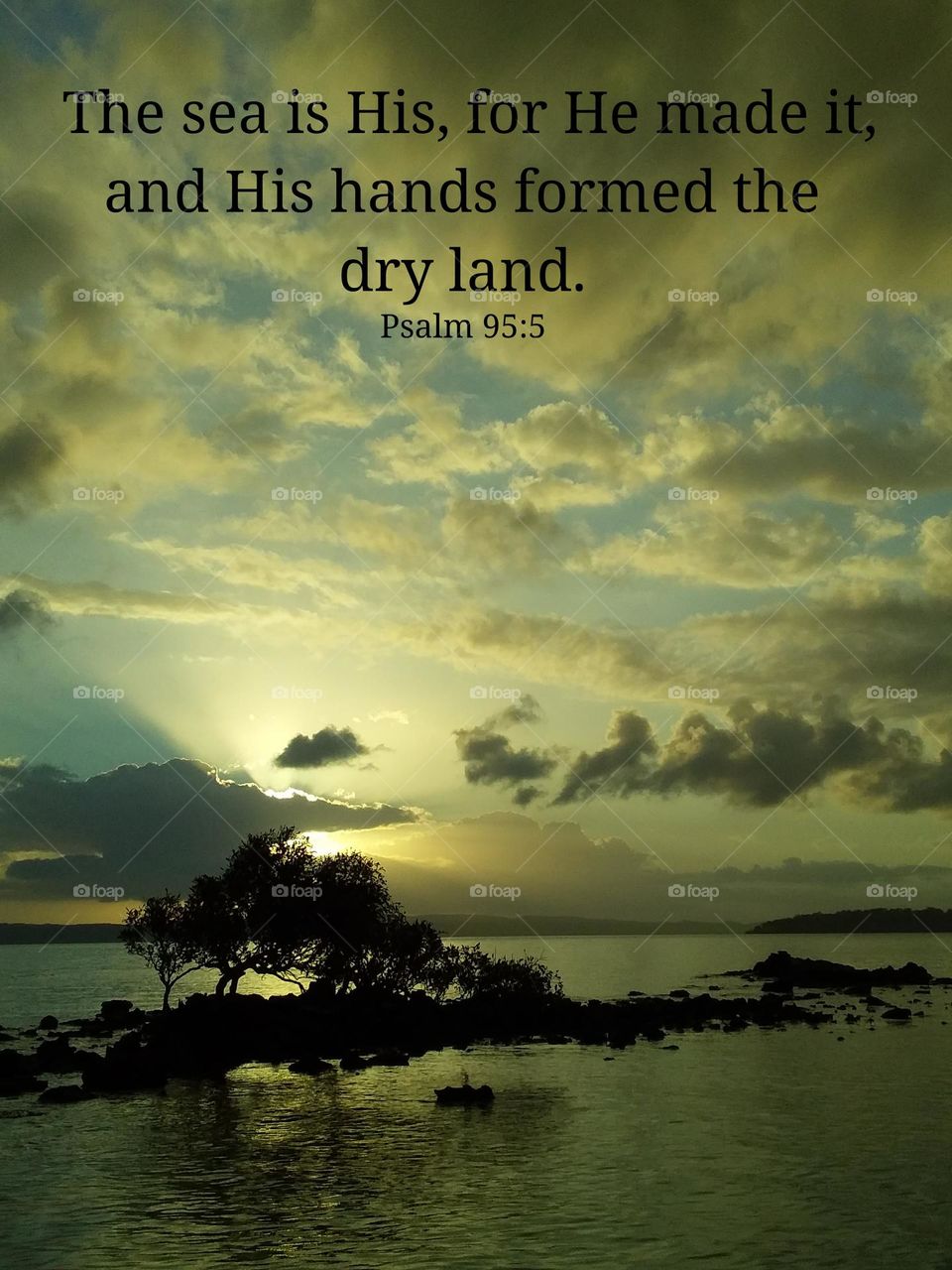 a gorgeous sunrise at the beach with clouds, trees, and rocks and a Bible verse