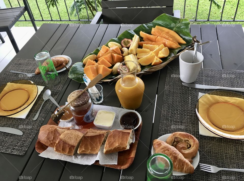 Marvelous breakfast with fruits on terrace 
