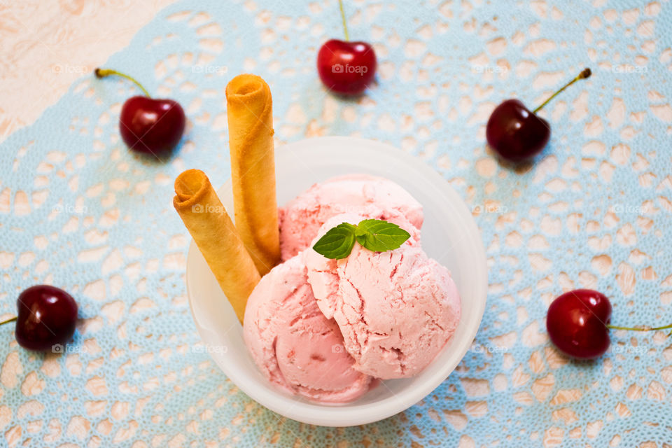 High angle view of cherry ice cream