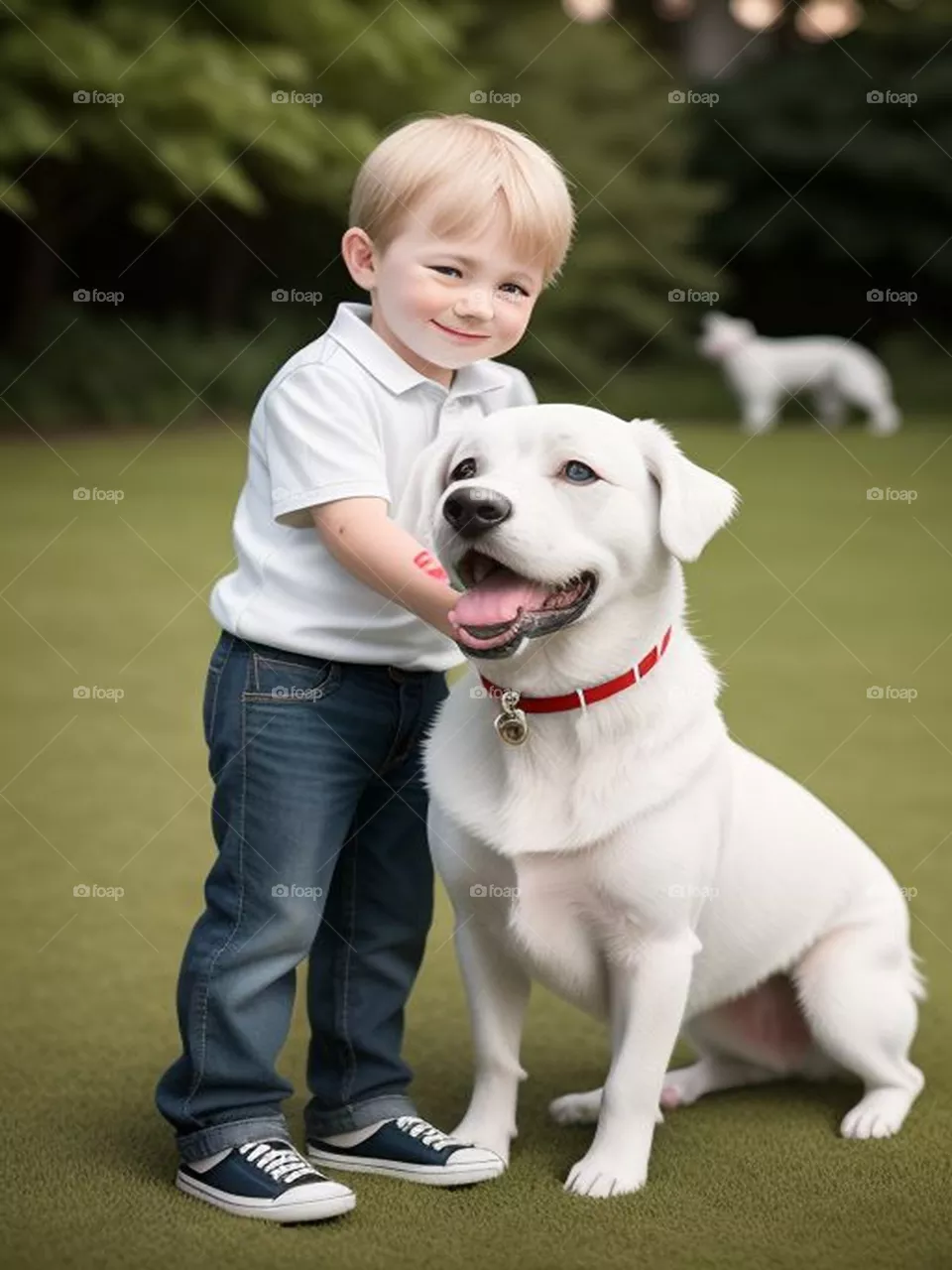 Cute baby playing with his white dog
