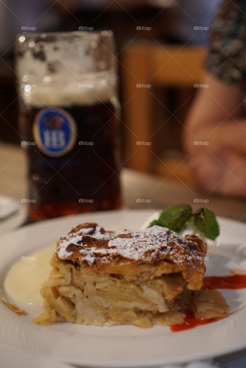 Beer and Strudel. A delightful apple strudel and a traditional Bavarian dark beer.