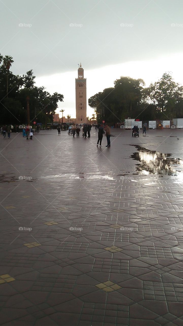 large square and view of beautiful Kotoubia tower mosque in Marrakesh in Morocco.