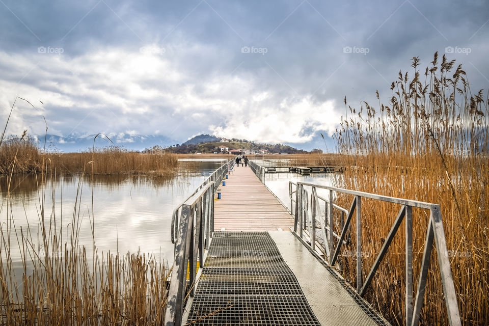 Floating Bridge Leading On A Small Island Agios Achilios At Prespes Lake, Florina Region In Greece
