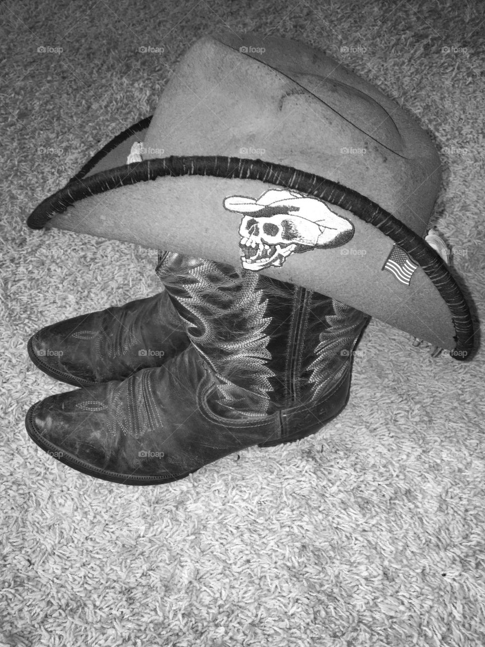 My boots and hat I wear on a daily basis.  Hank 3 patch American Flag pin.