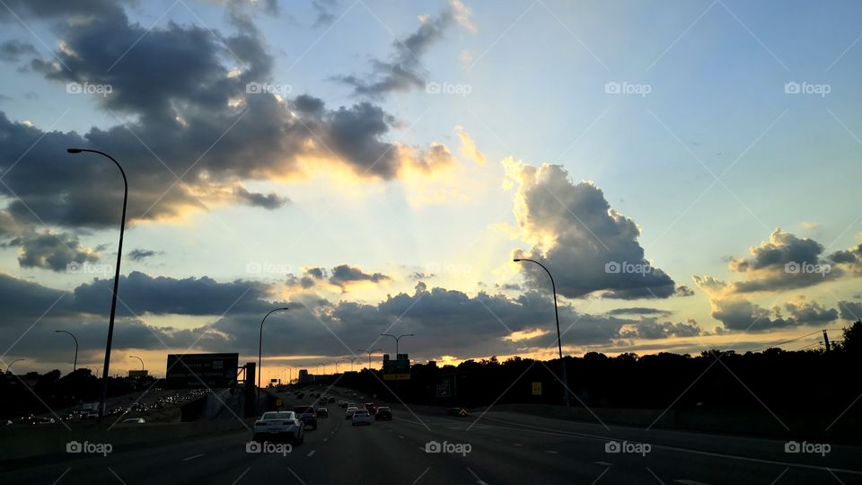 Sunset, Street, Car, Sun, Sky