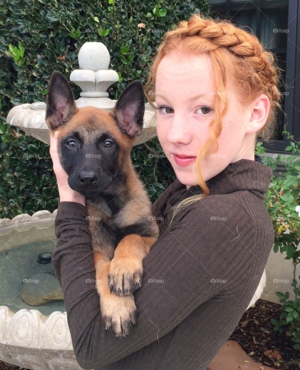 Belgian Malinois foster puppy receives tender loving care. Two red heads! Four brown eyes!
