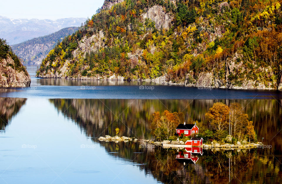 View of houses in lake, Fjords, Norway