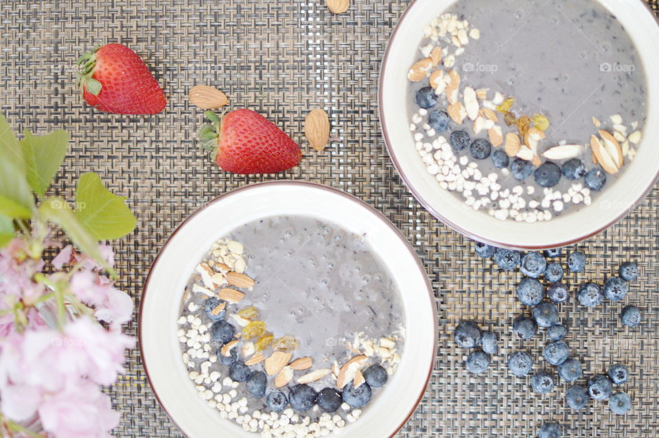 High angle view of blueberry smoothie bowl