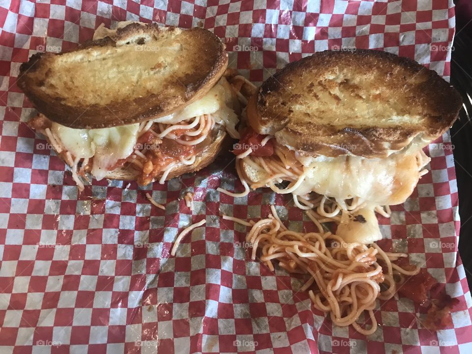 Spaghetti and mozzarella cheese sandwiches served toasted 