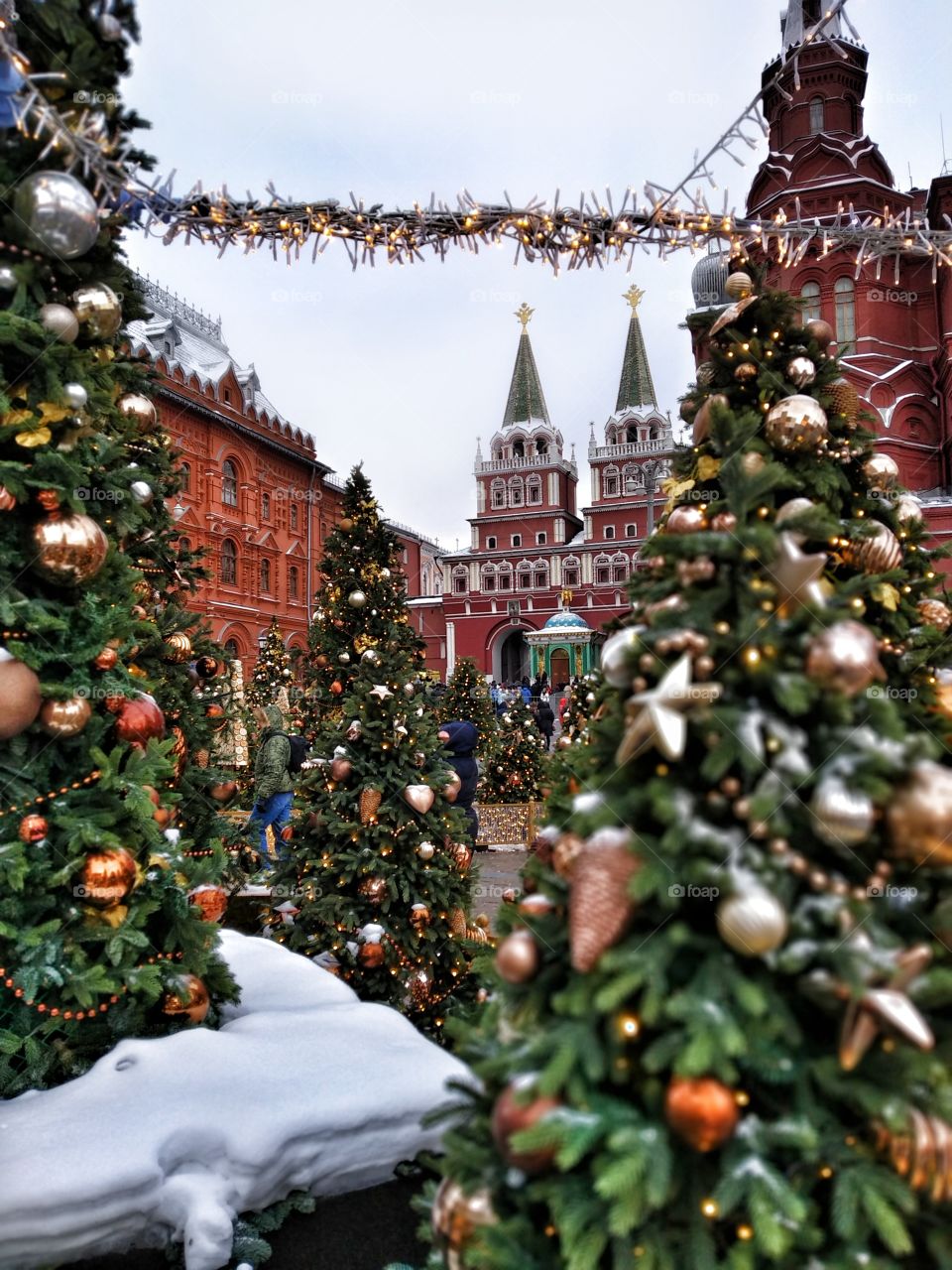 Moscow Red Square with glooming living Christmas trees