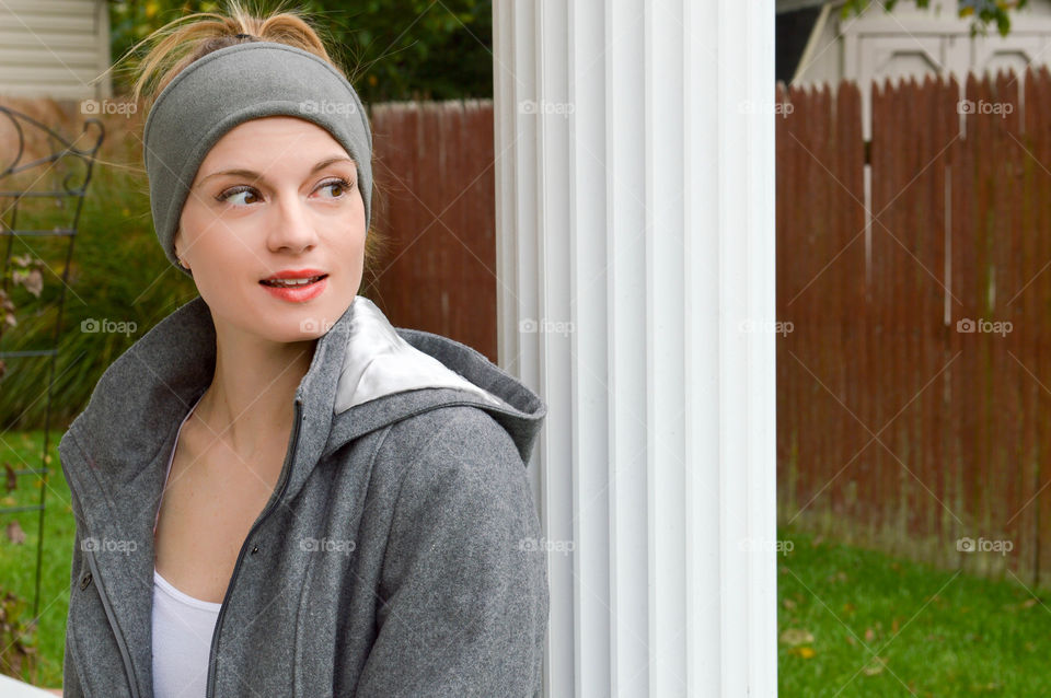 Woman wearing a fleece headband outdoors