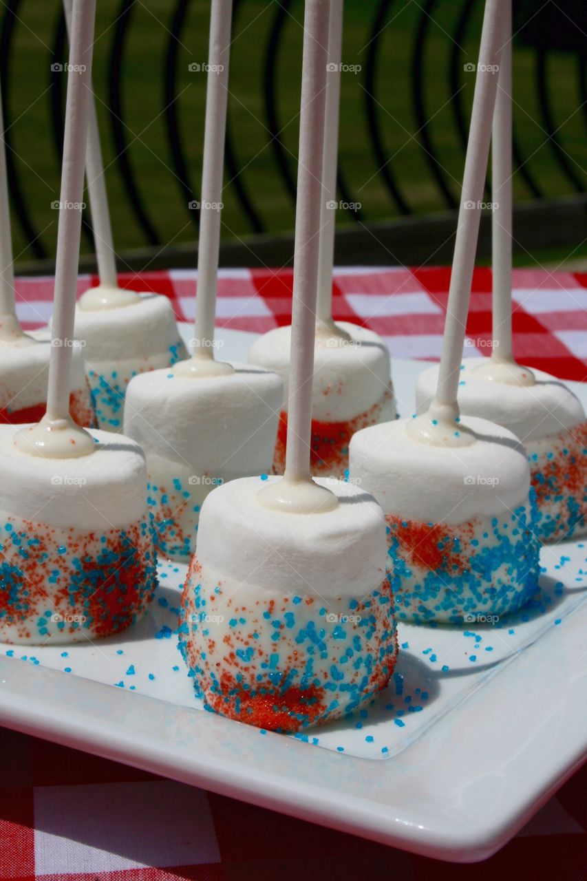 Celebration Marshmallows . White chocolate covered marshmallows with red and blue sprinkles. 