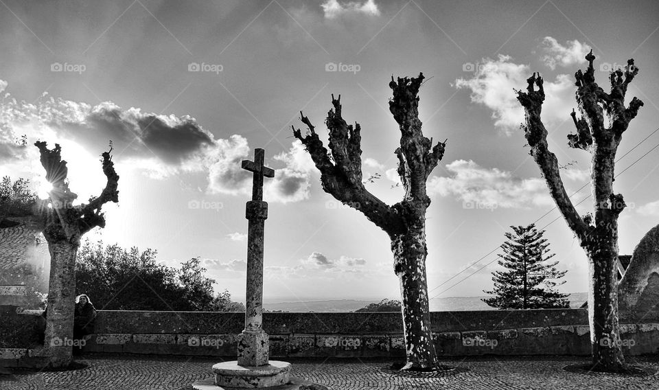 three trees and a cross at sunset