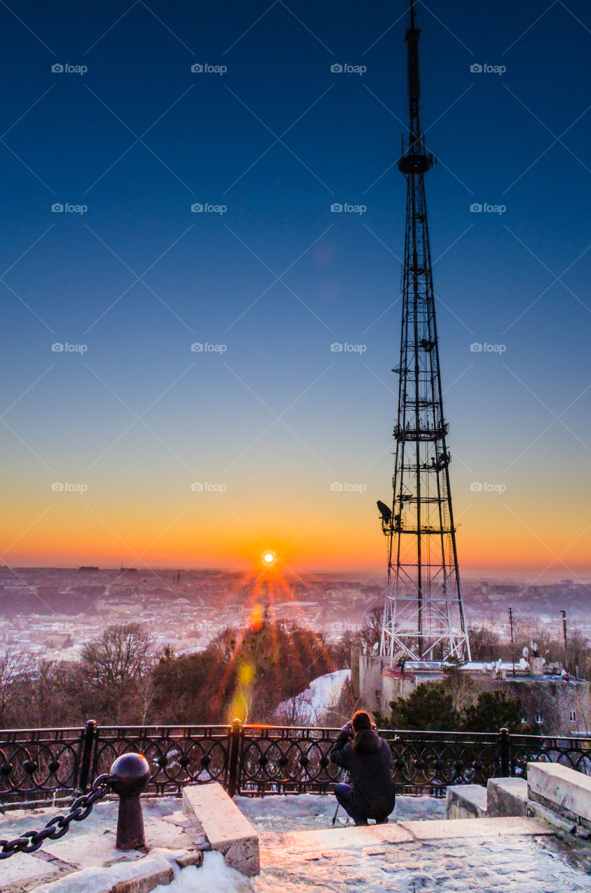 Lviv cityscape during the sunset