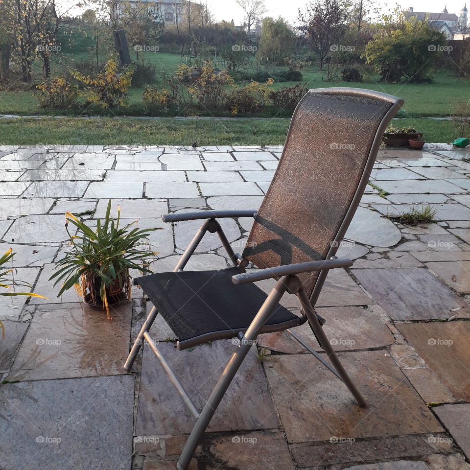 sunrise in autumn garden  with sunlit golden chair