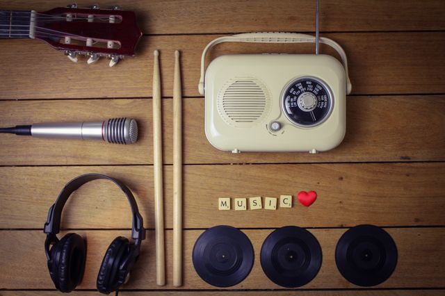 Musical accessories on wooden table