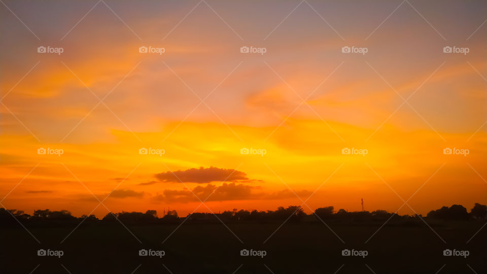 Bright orange sunset with field on back. in Rajasthan India