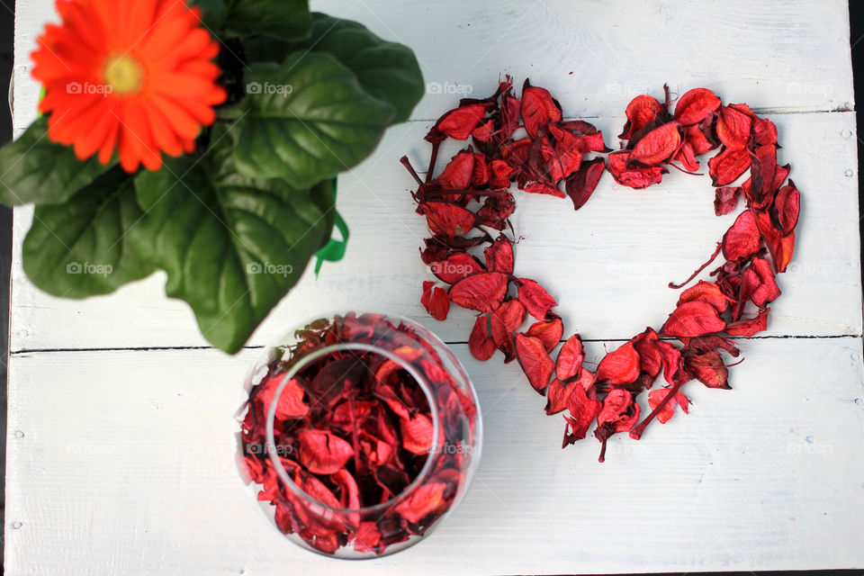 Flower vase with rose petals and the heart of the petals on a white background