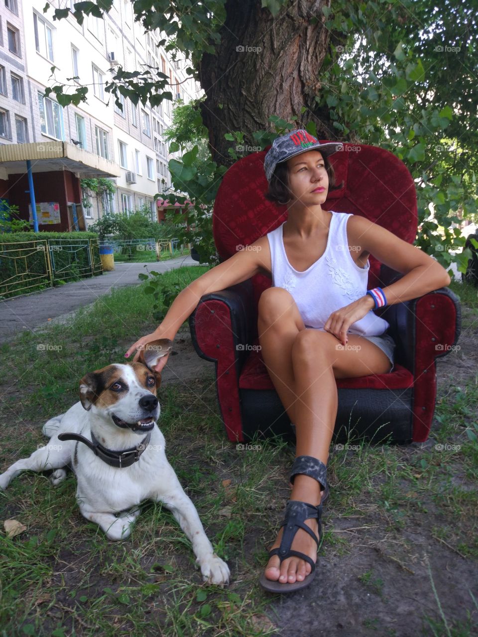 Happy dog with brunette girl 