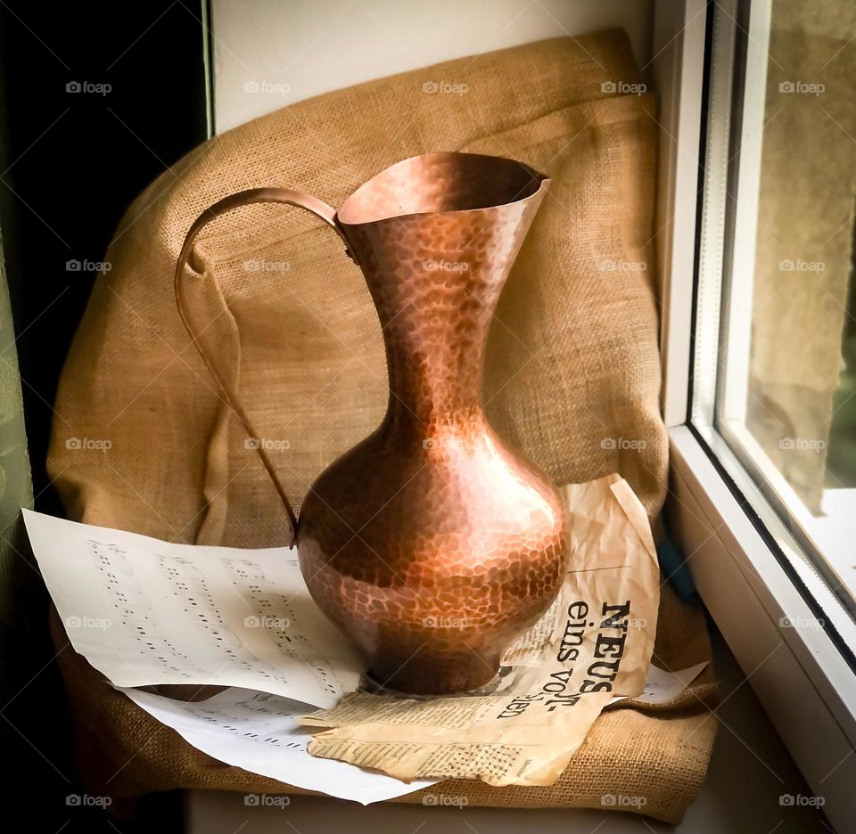 Vintage copper jug handmade coinage with handle