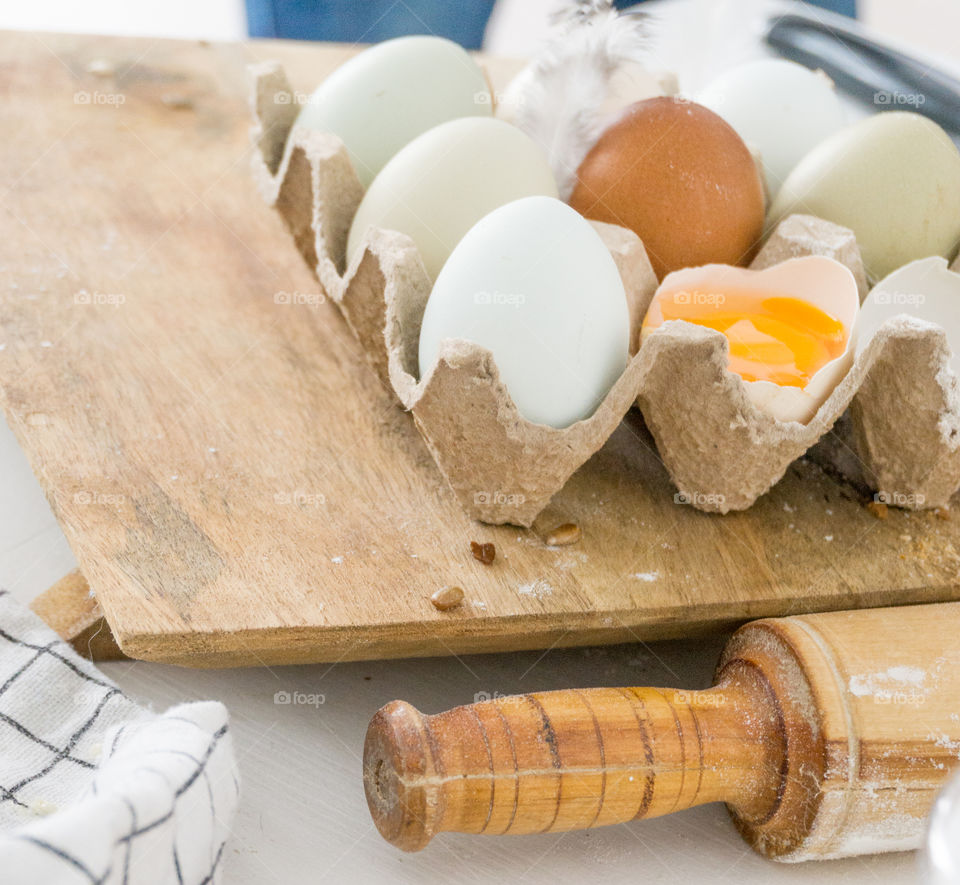 a tray of eggs on a white table