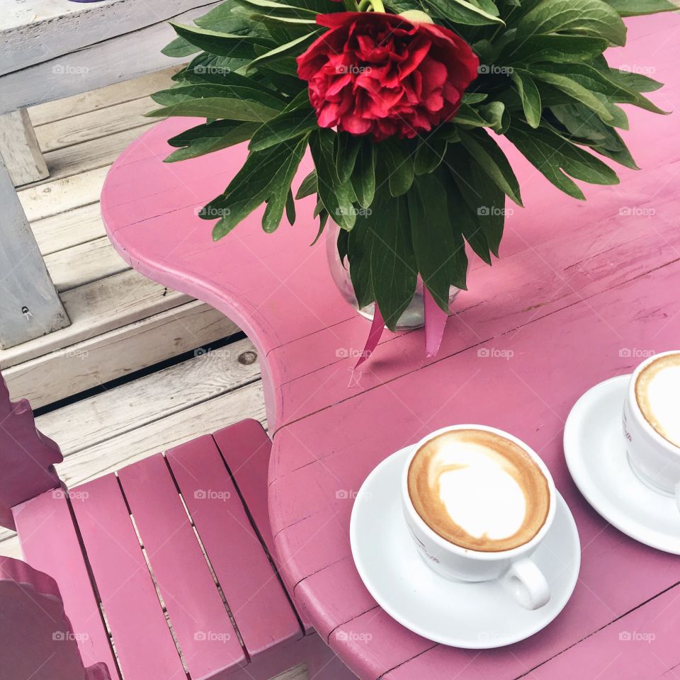 Coffee on the pink table 