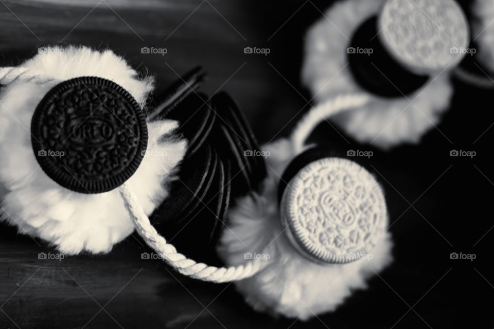 Oreo Art Photography Cute and fun Oreo Cookie art photography contrasts of black and white with normal and thin Oreos on pompon puffs 