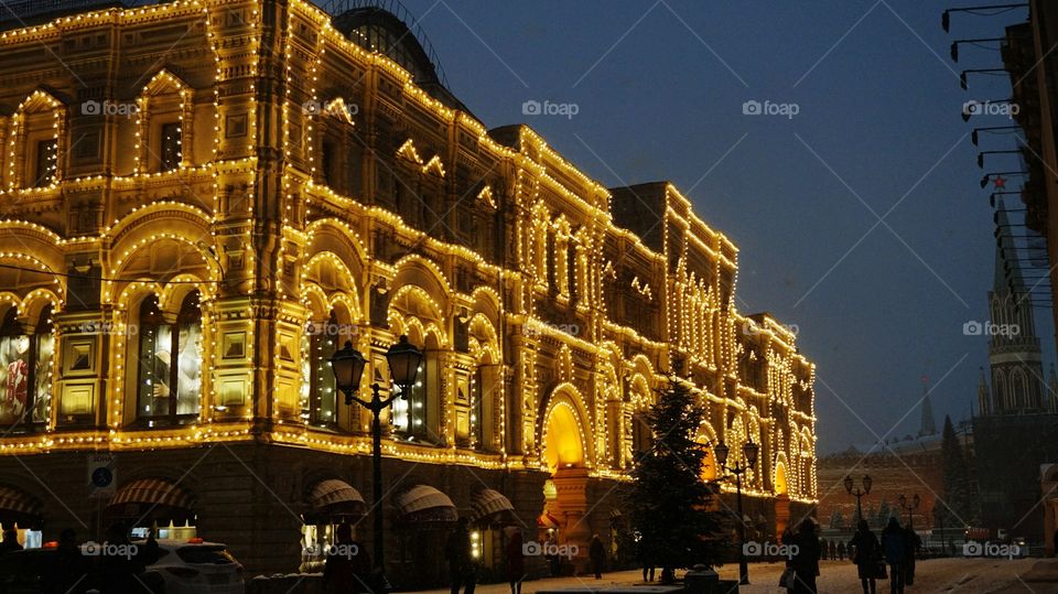 Illuminated building during Christmas in Moscow, Russia