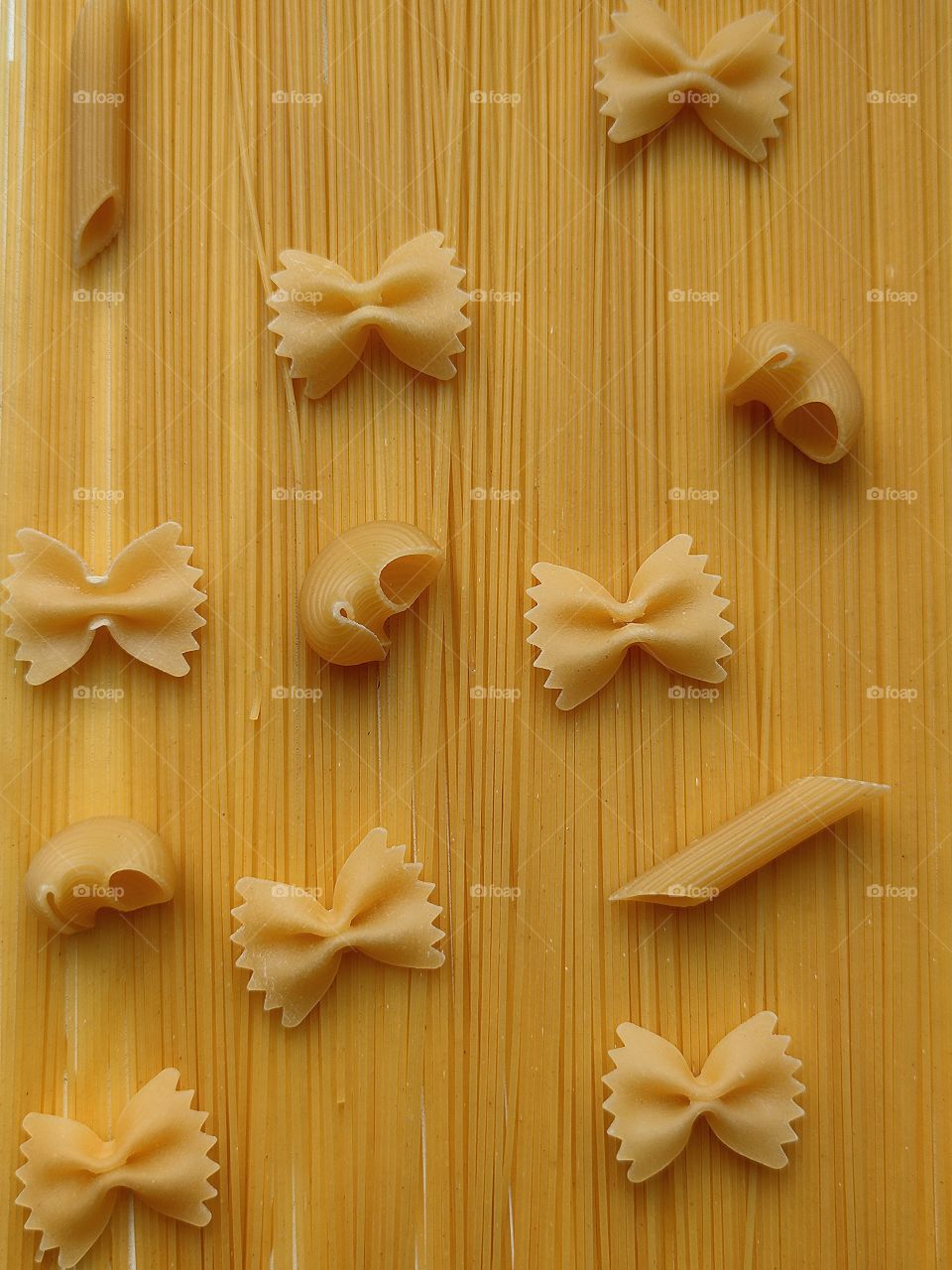 Composition of different types of pasta.  "CAPELLINI".  "PIPE RIGATE".  "PENNE RIGATE".  "FARFALLE"