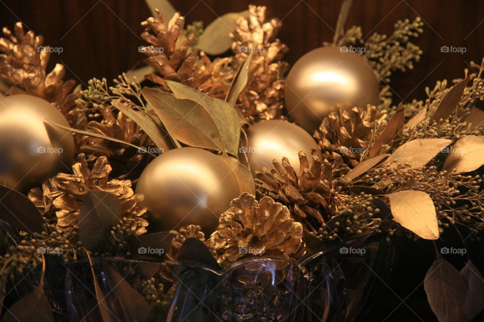 Holidays, gold, ornaments, pine cones 