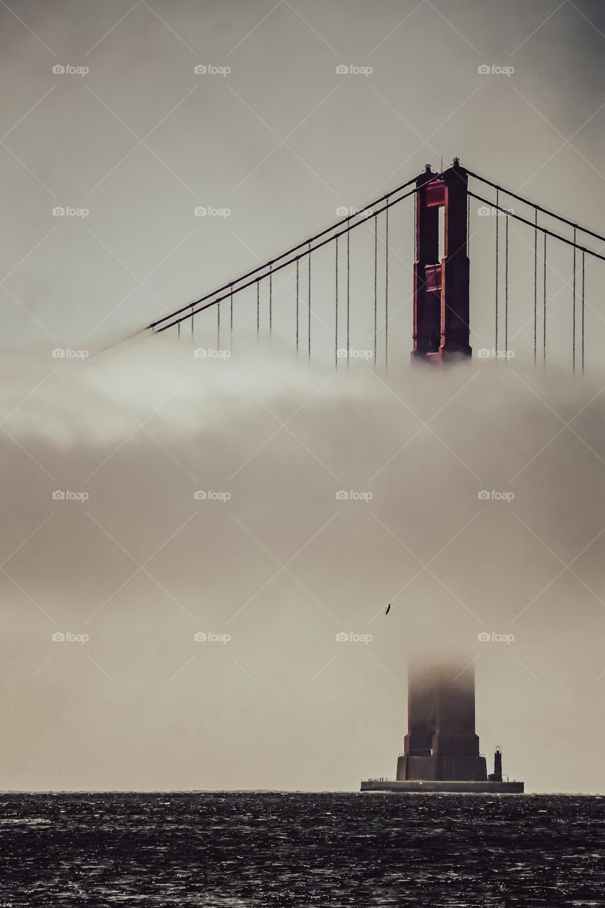 Sepia style image of the Golden Gate Bridge with the beautiful fog cascading right across the middle classic bridge within its art deco design welcoming people to the San Francisco Bay in California 