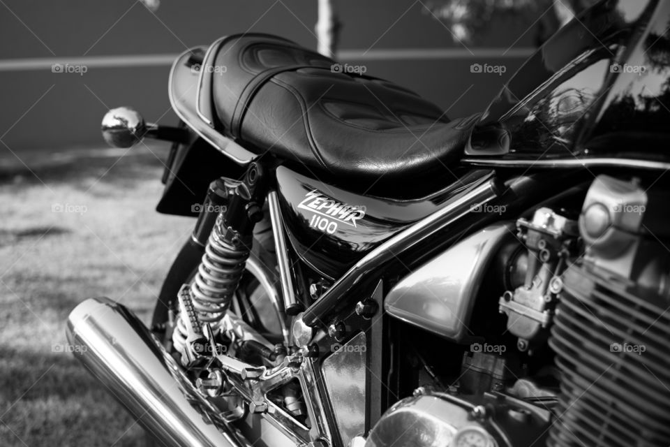 Kawasaki zephyr motorcycle. black and white photo,photographed in the garden