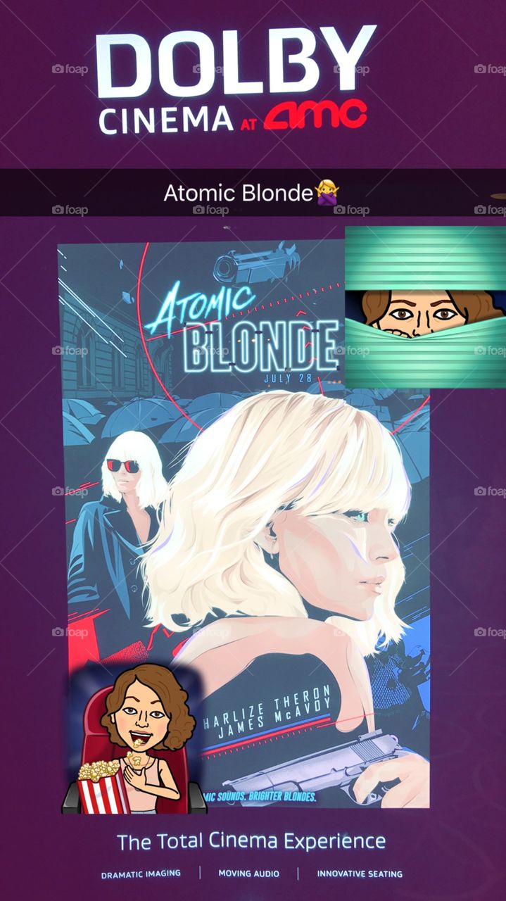 Movie bulletin board as a poster advertisement for a movie called Atomic Blonde at Tyson’s. A preview before the show. Excellent graphic design.