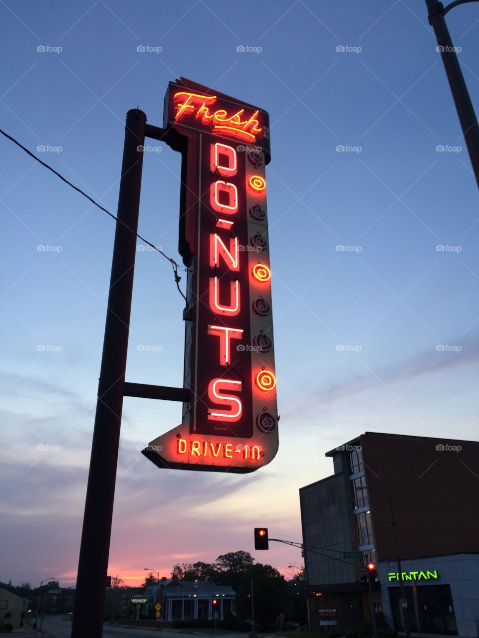 Donut sign. Nothing says happy morning like stopping at your favorite donut place early in the morning! 