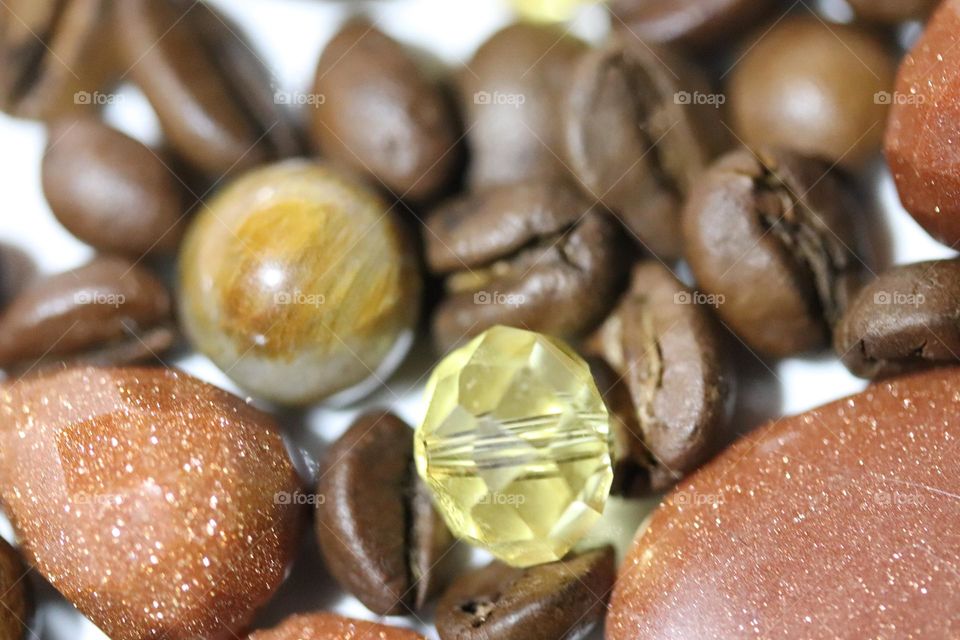 Semi-precious stones and coffee beans