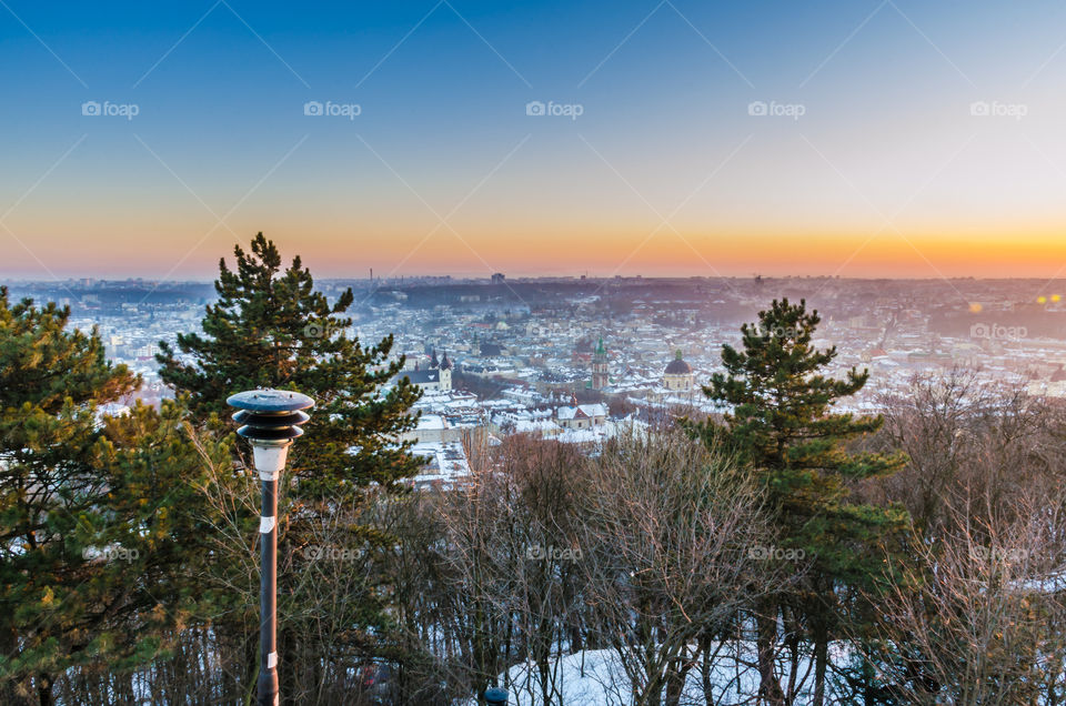 Lviv cityscape during the sunset