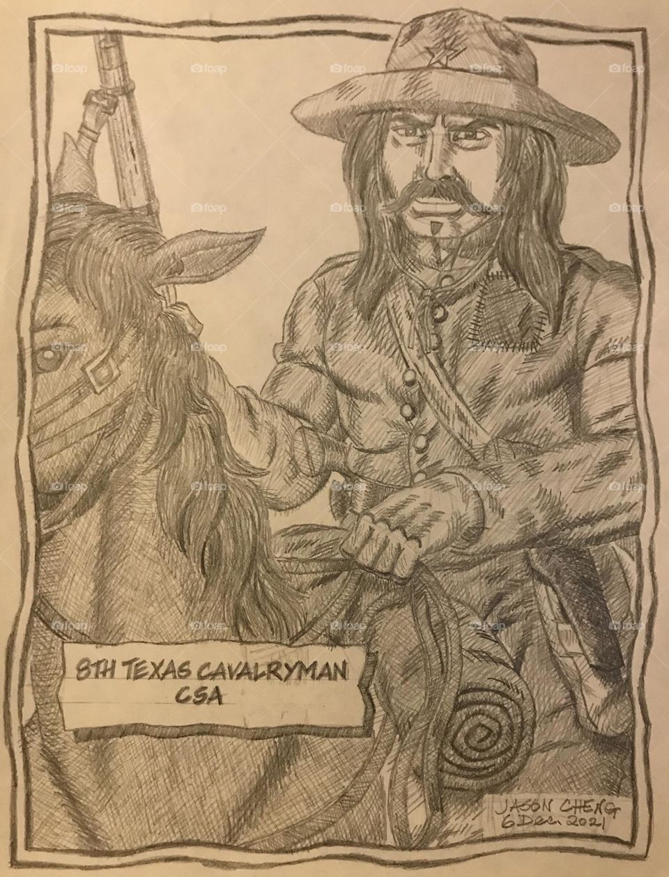 A pencil rendering of a Confederate cavalryman of the Civil War. This artistic masterpiece is a good representation of one of the proficient Southern horsemen.