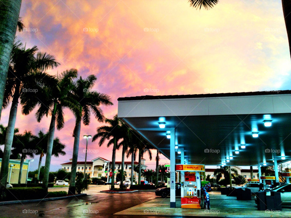 Gas station at sunset, Florida, USA