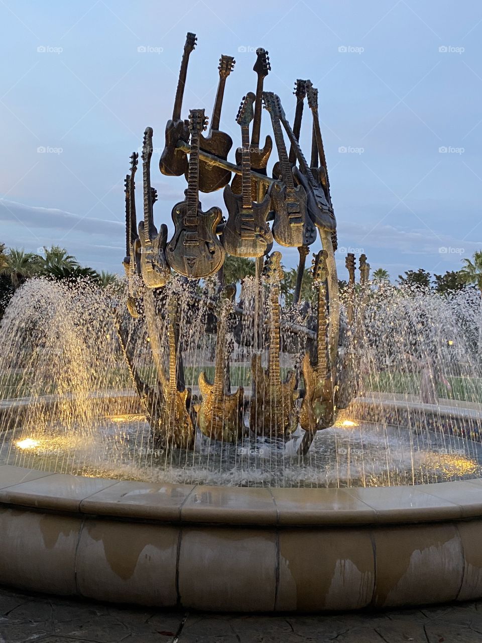 A unique guitar art structure sits inside a water feature at Hard Rock Hotel at Universal Studios in Orlando, Florida.