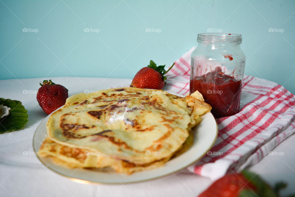 Pancakes and homemade jam for breakfast