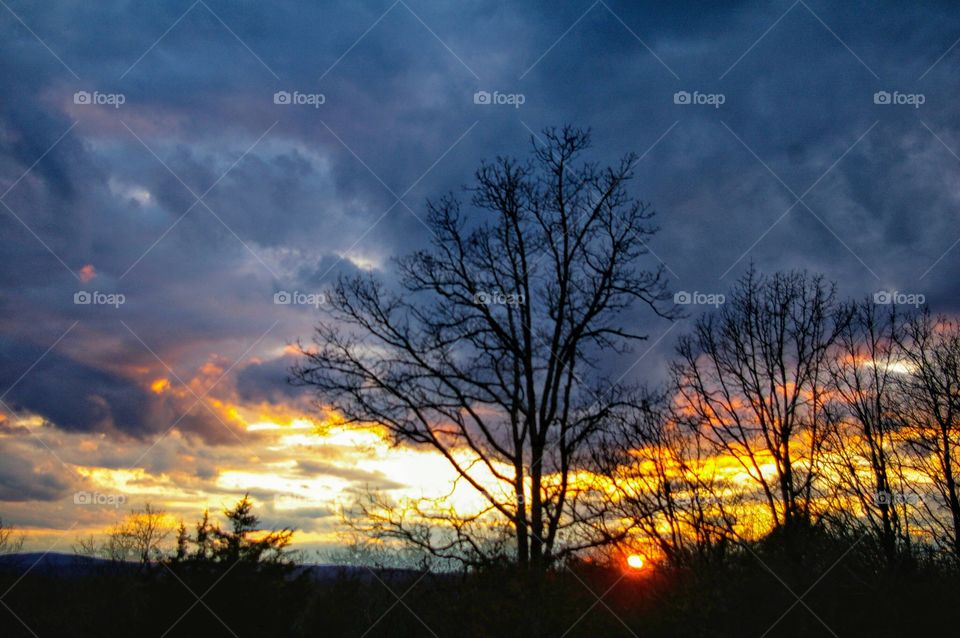 Landscape silhouette with sunset colored sky