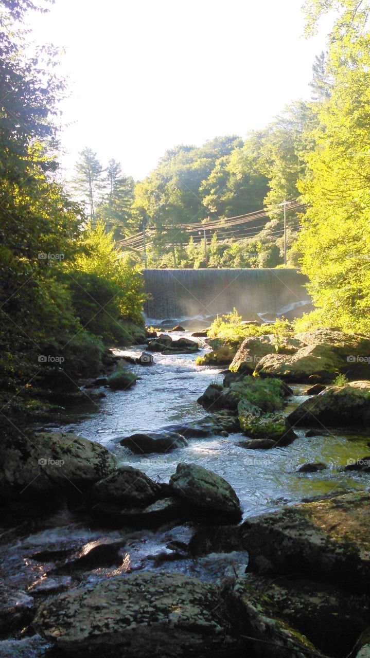 Elk River Waterfall from Bridge on Lees-McRae College Campus in Banner Elk, North Carolina, USA