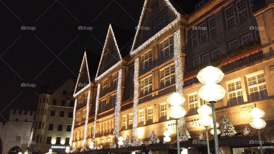 Christmas decorated building in Munich - Winter - Evening