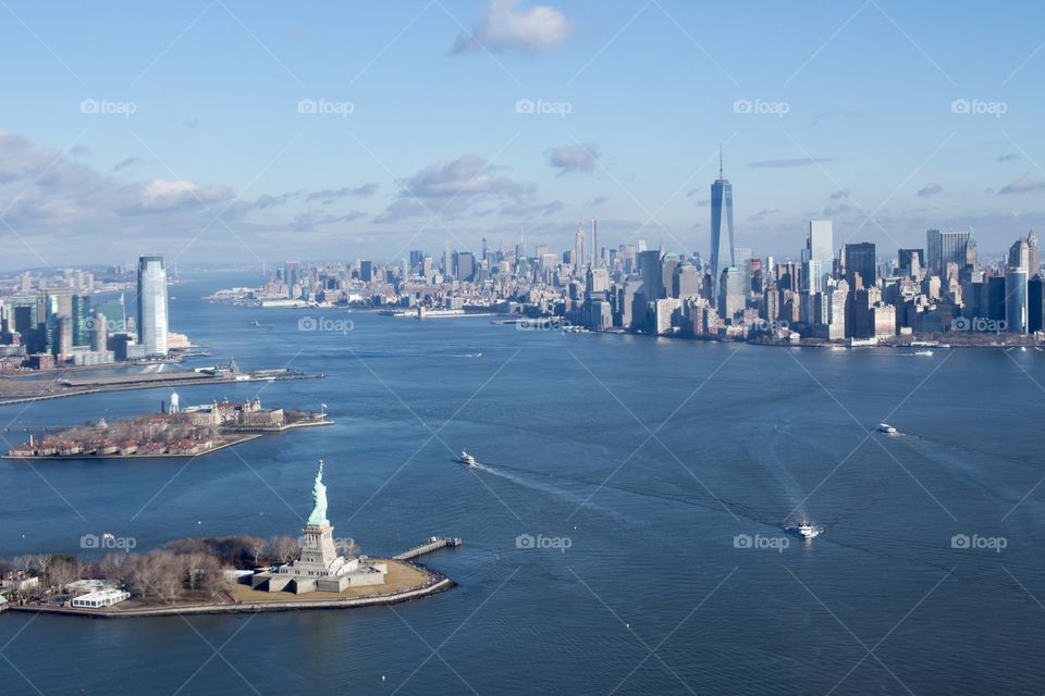 High angle panoramic view of the Hudson River and Manhattan New York 