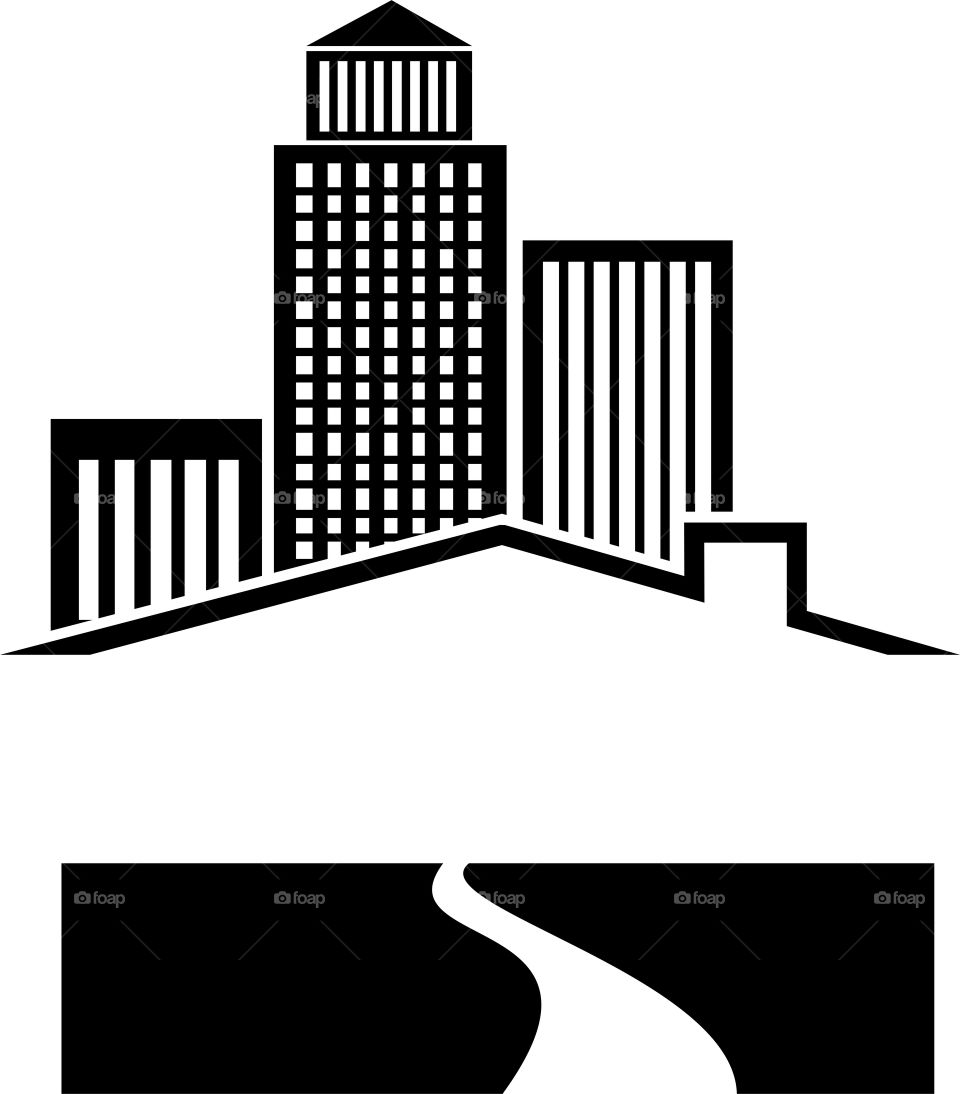 black and white icon of buildings with blank copy space