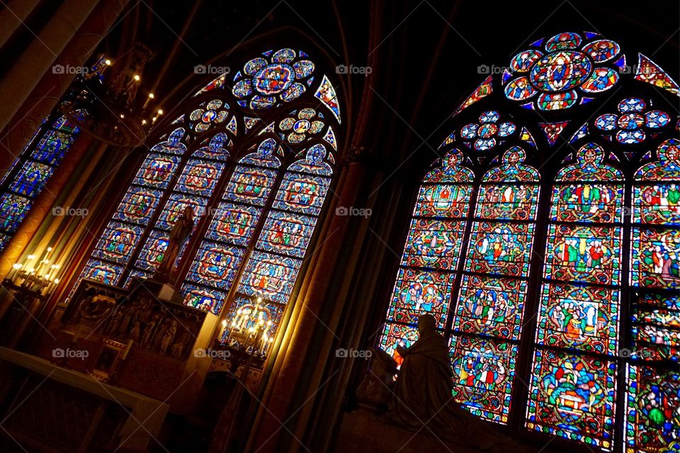 Beautiful stained glass at Notre-Dame Cathedral, Paris, France