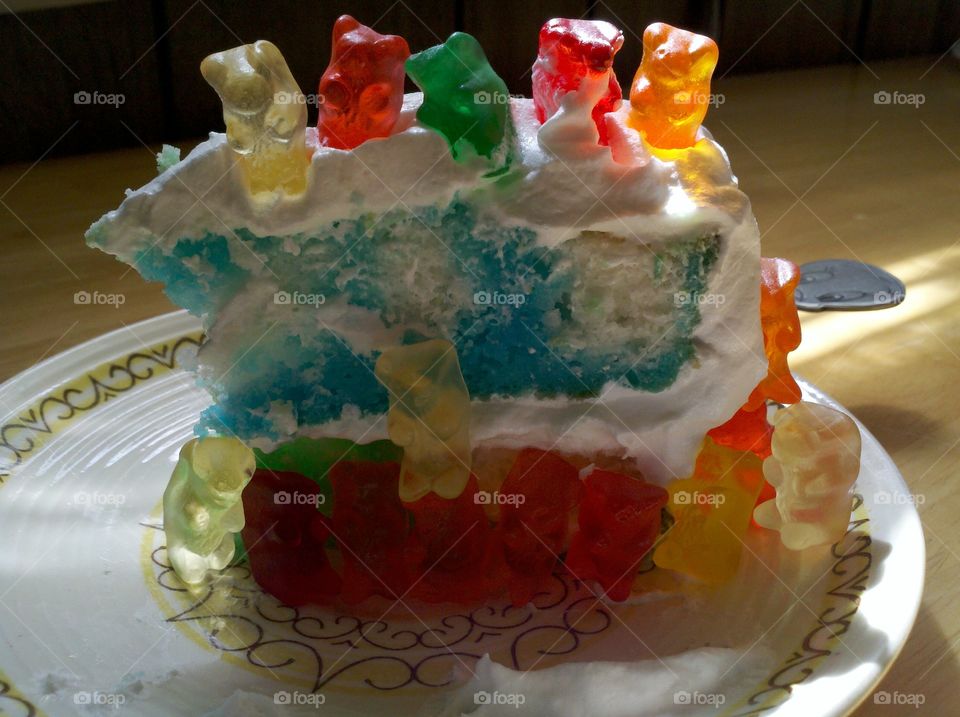 Fun with Food. Jello cake and Gummy Bears